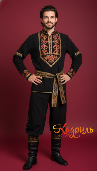 Мужской славянский костюм черный с красными узорами. Рис. 1